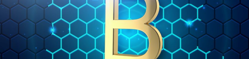 a golden bitcoin on a blue hexagonal background